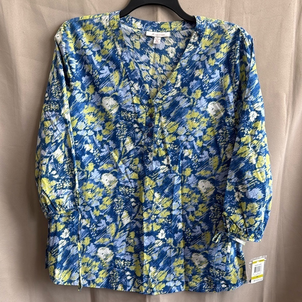 NWT JM Collection Blue Green Floral Cotton Tunic Top